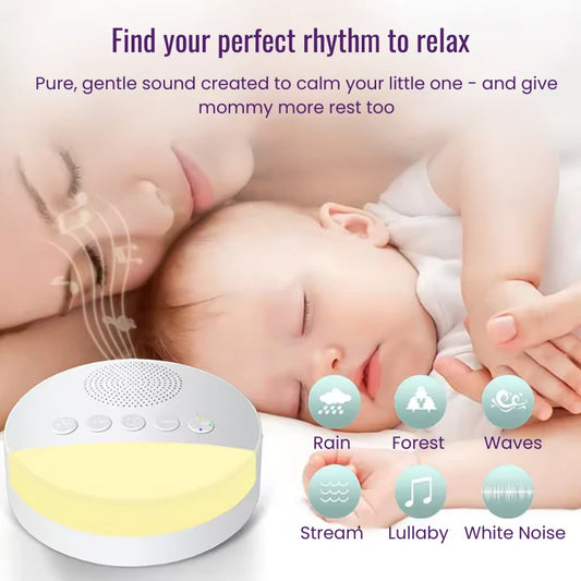 Baby sleeping next to a white noise machine with various sound options displayed.