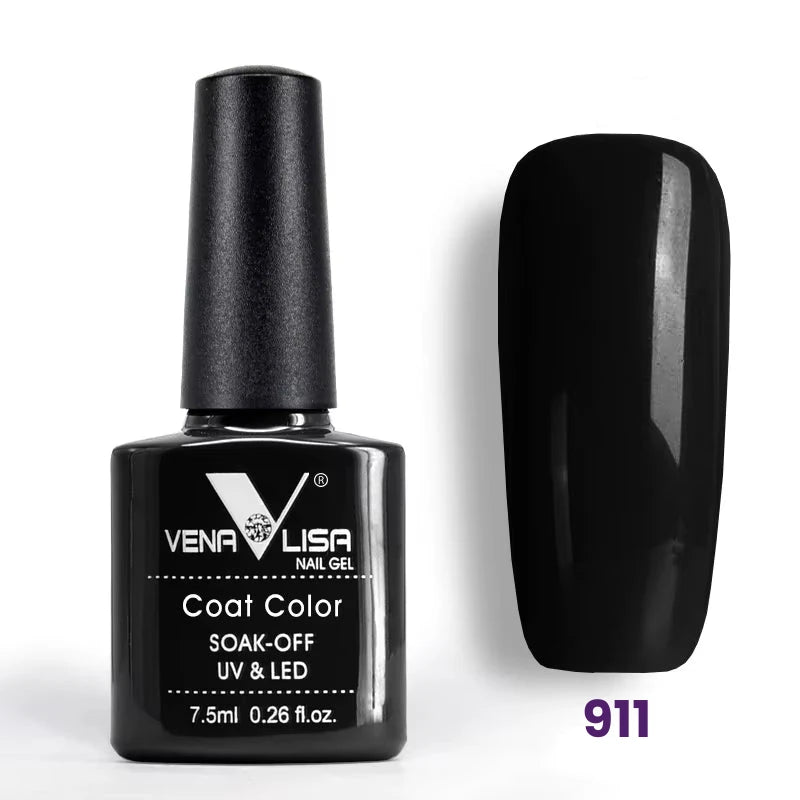 911 Black nail gel bottle with a matching nail sample on a white background