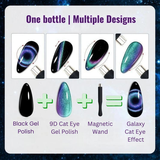 Nail art kit with black gel polish, 9D cat eye gel polish, magnetic wand, and galaxy cat eye effect on a white background.
