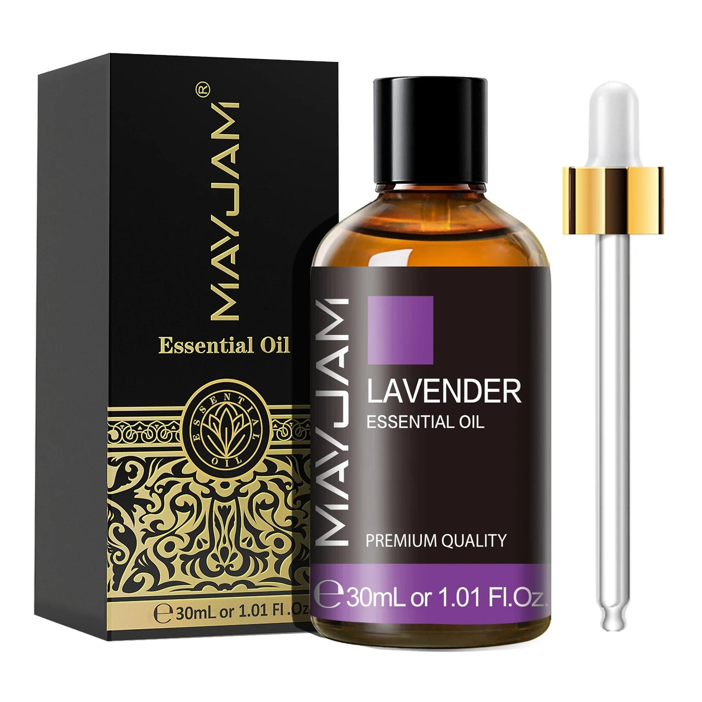 MayJam Lavender essential oil bottle with dropper and packaging on a white background