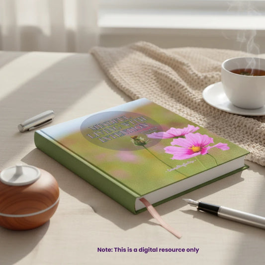 eBook with floral design on a table with a cup of tea and diffuser