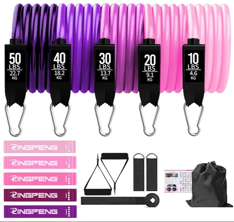 purple Set of resistance bands with purple loop bands on a white background