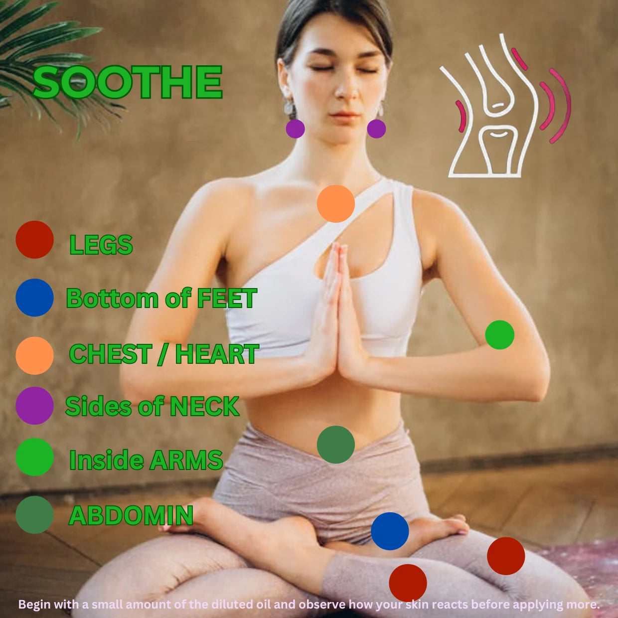 Woman in a yoga pose with labeled body parts and text 'Soothe' on a beige background.