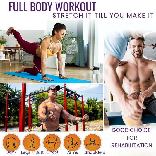 Collage of people exercising with text about full body workout and rehabilitation.