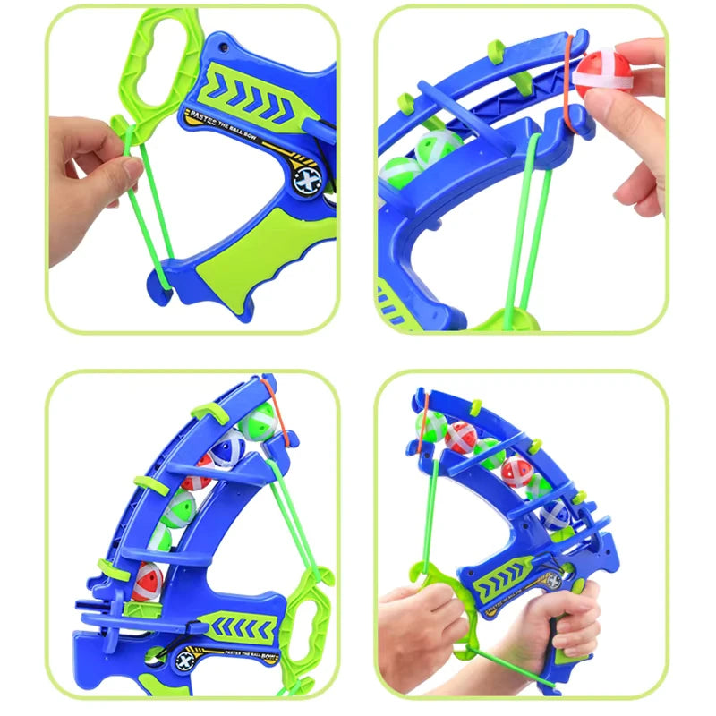 Toy bow and coloured sticky balls with blue and green design, showing elastic band placement and sticky ball positioning in bow.
