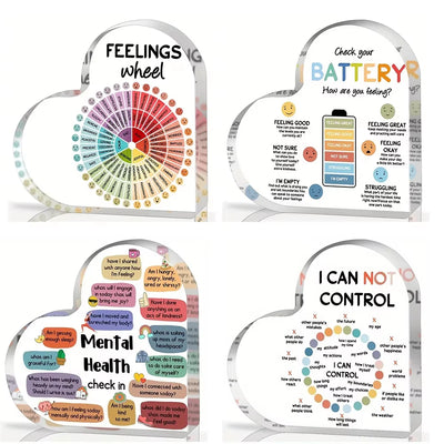 Four plaques including a feelings wheel, battery check, mental health check-in, and control assessment tool.