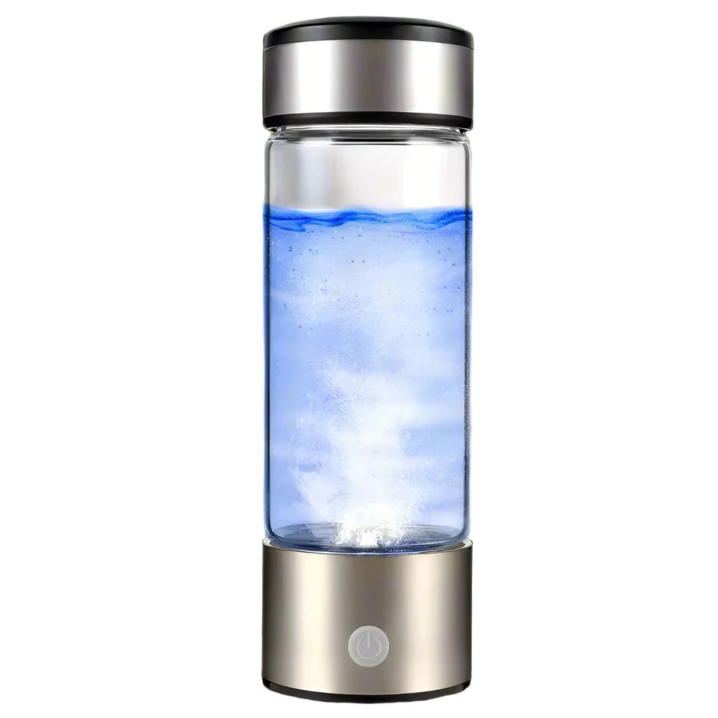 Grey hydrogen glass water bottle with water on a white background