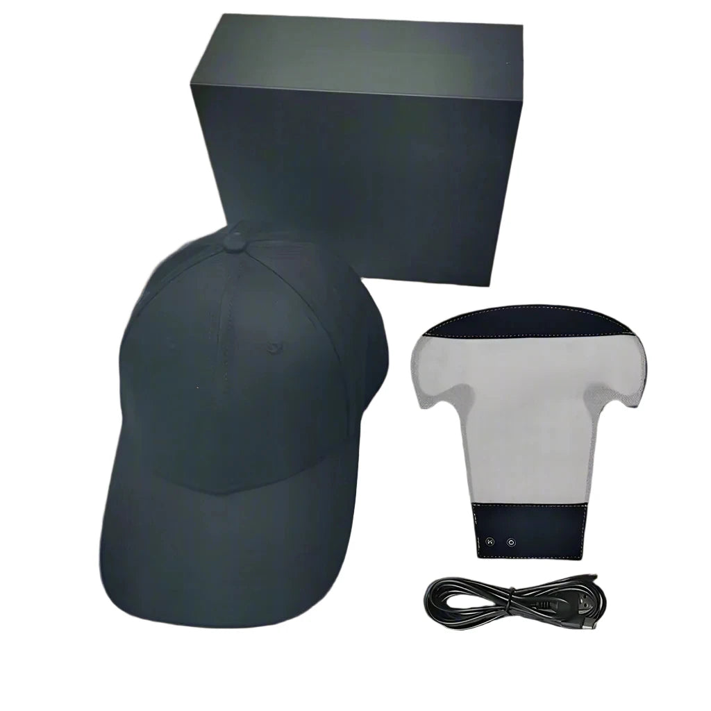 Black and white red light hair growth therapy panel and cap with box and a cable on a white background