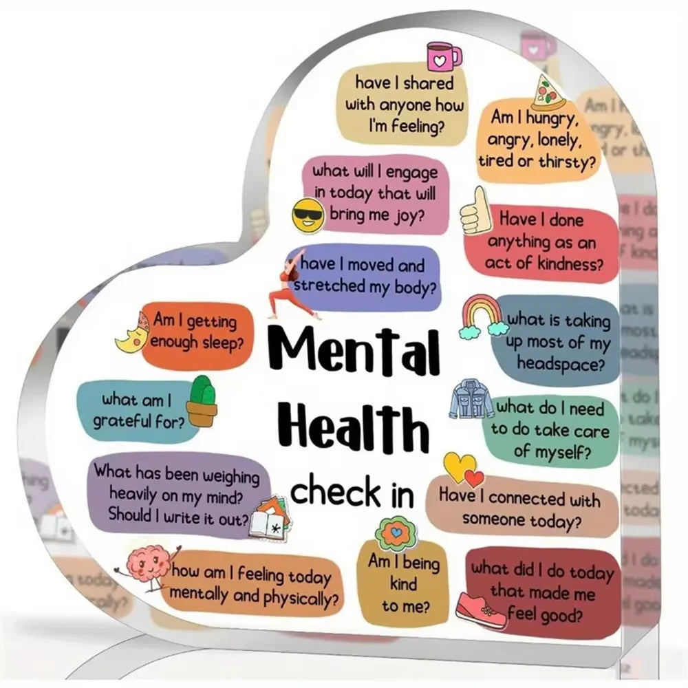 Mental health check-in checklist with various prompts on a heart acrylic shape.