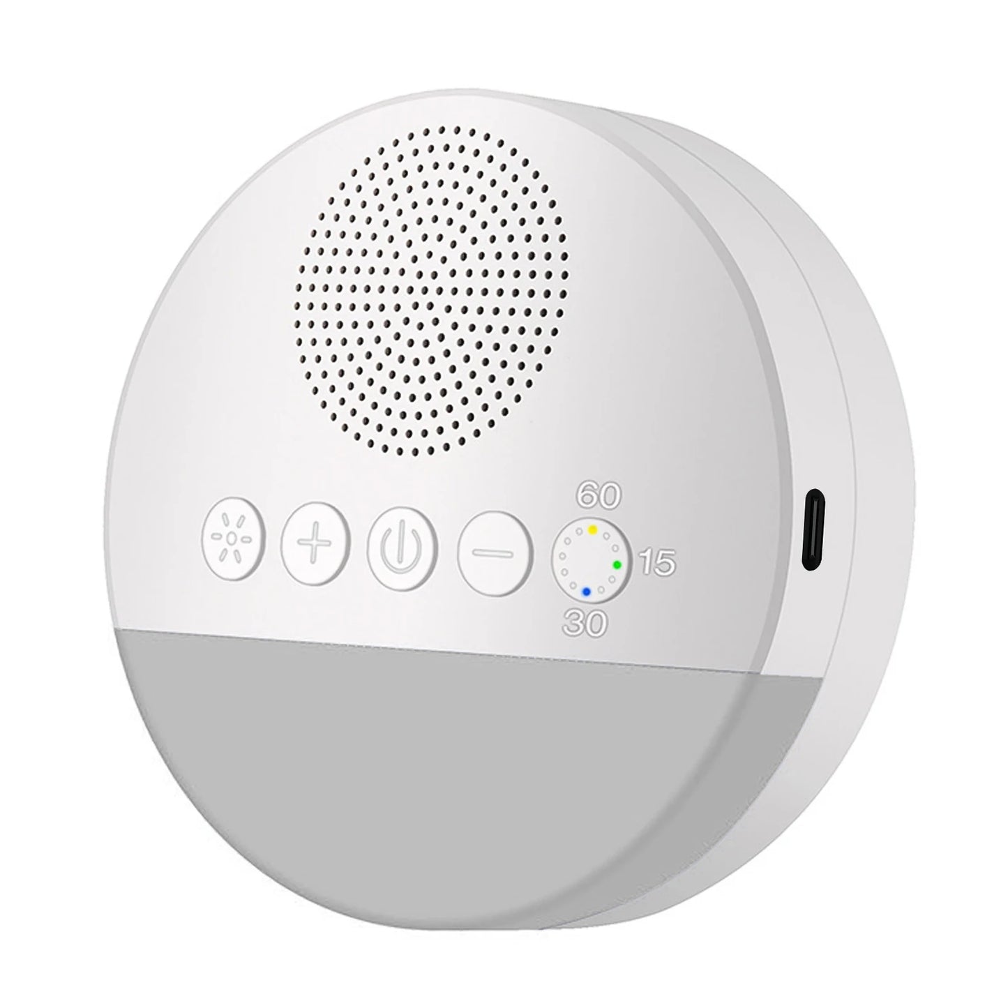 close up of round usb white noise machine with control buttons and usb port with light off on a white background