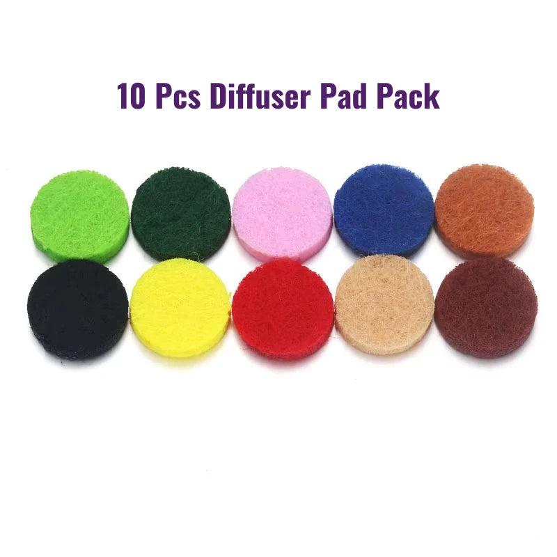 Pack of 10 colorful diffuser pads on a white background with text '10 Pcs Diffuser Pad Pack'.