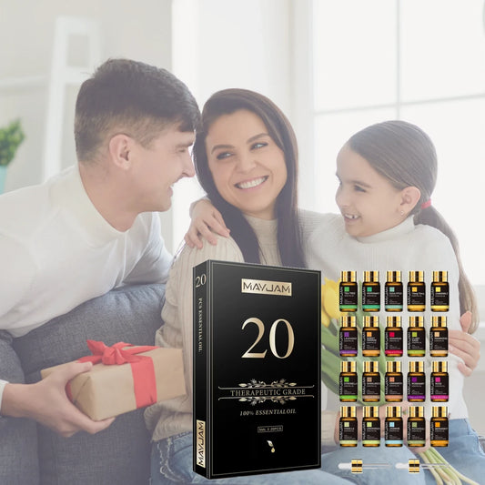 Family sitting together with a MayJam essential oil set in the foreground