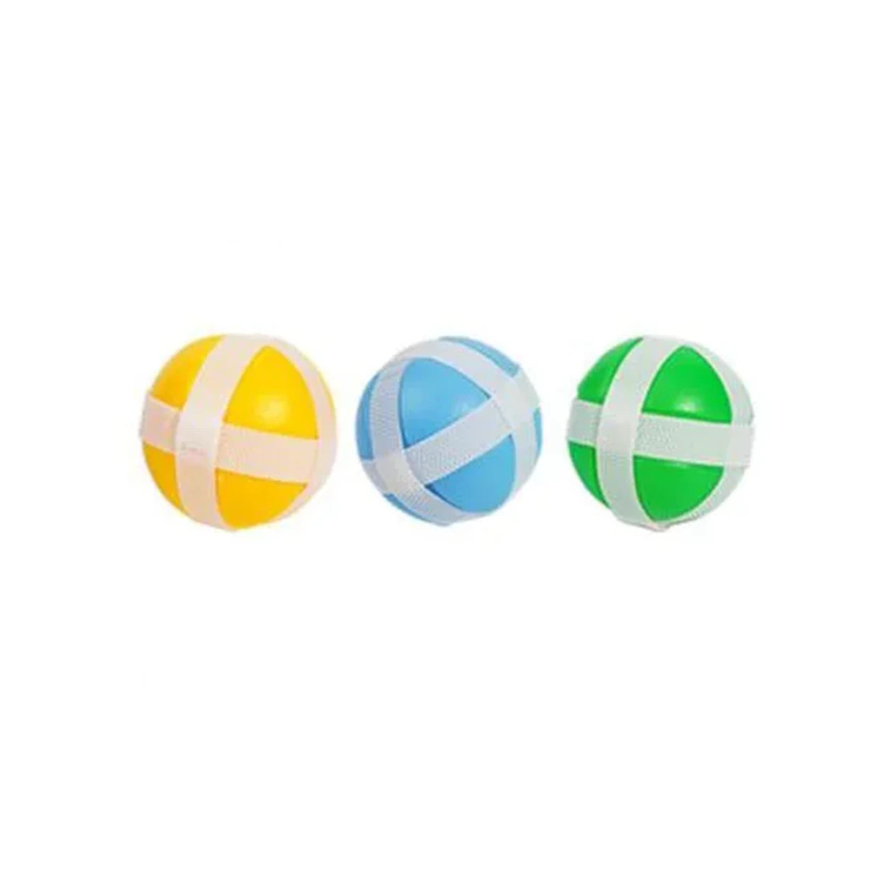Three colorful balls with sticky stripes on a white background