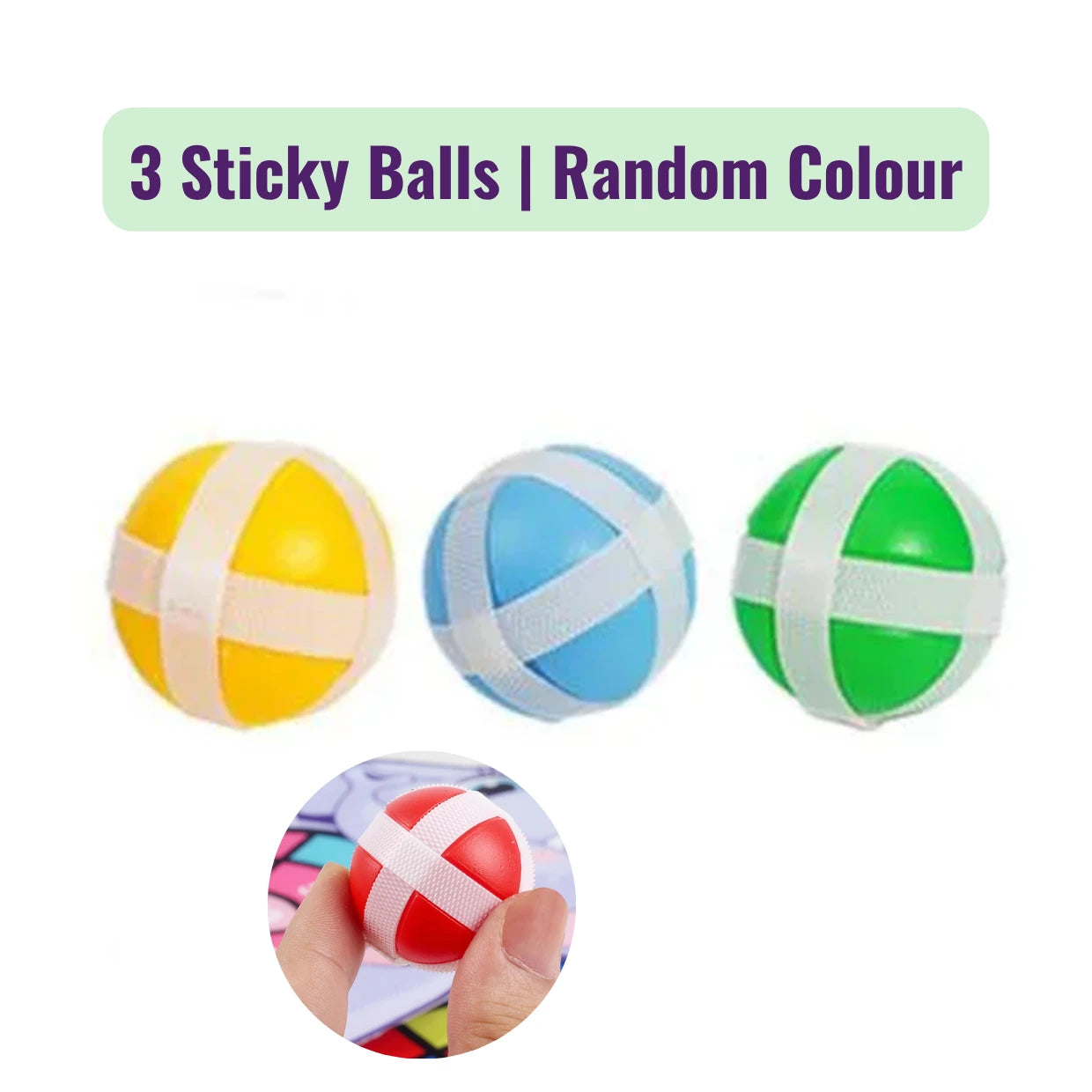 Three colorful sticky balls with a hand holding another one, on a white background labeled random colour.