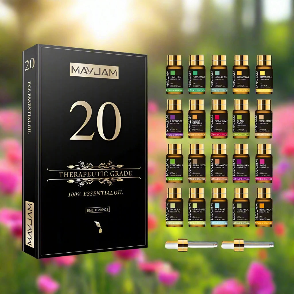 MayJam 20-piece essential oil set with packaging on a blurred natural background