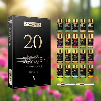 MayJam 20-piece essential oil set with packaging on a blurred natural background