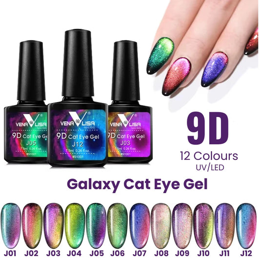 9D Cat Eye Gel with nail samples and color swatches on a white background