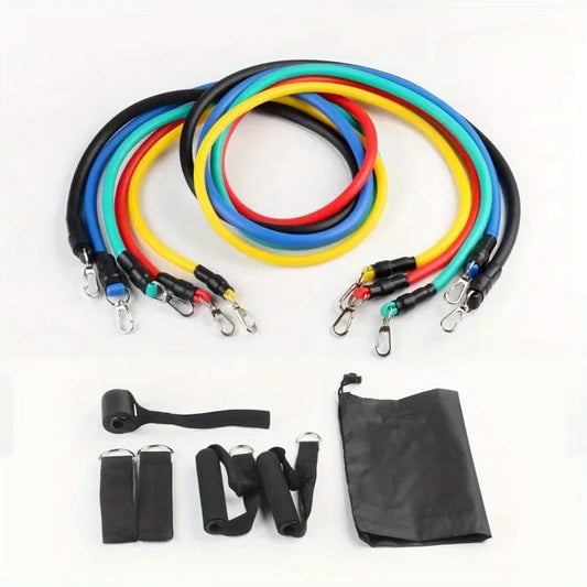 Set of colorful resistance bands and black straps on a white background