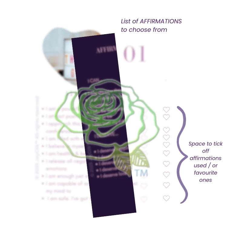 Purple affirmation card with green rose design on a white background