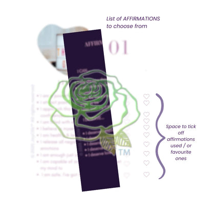 Purple affirmation card with green rose design on a white background