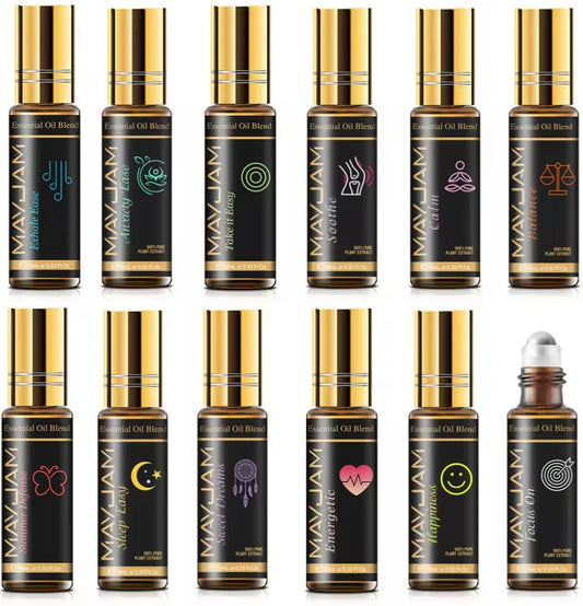 Collection of May Jam essential oil blends with black and gold packaging.