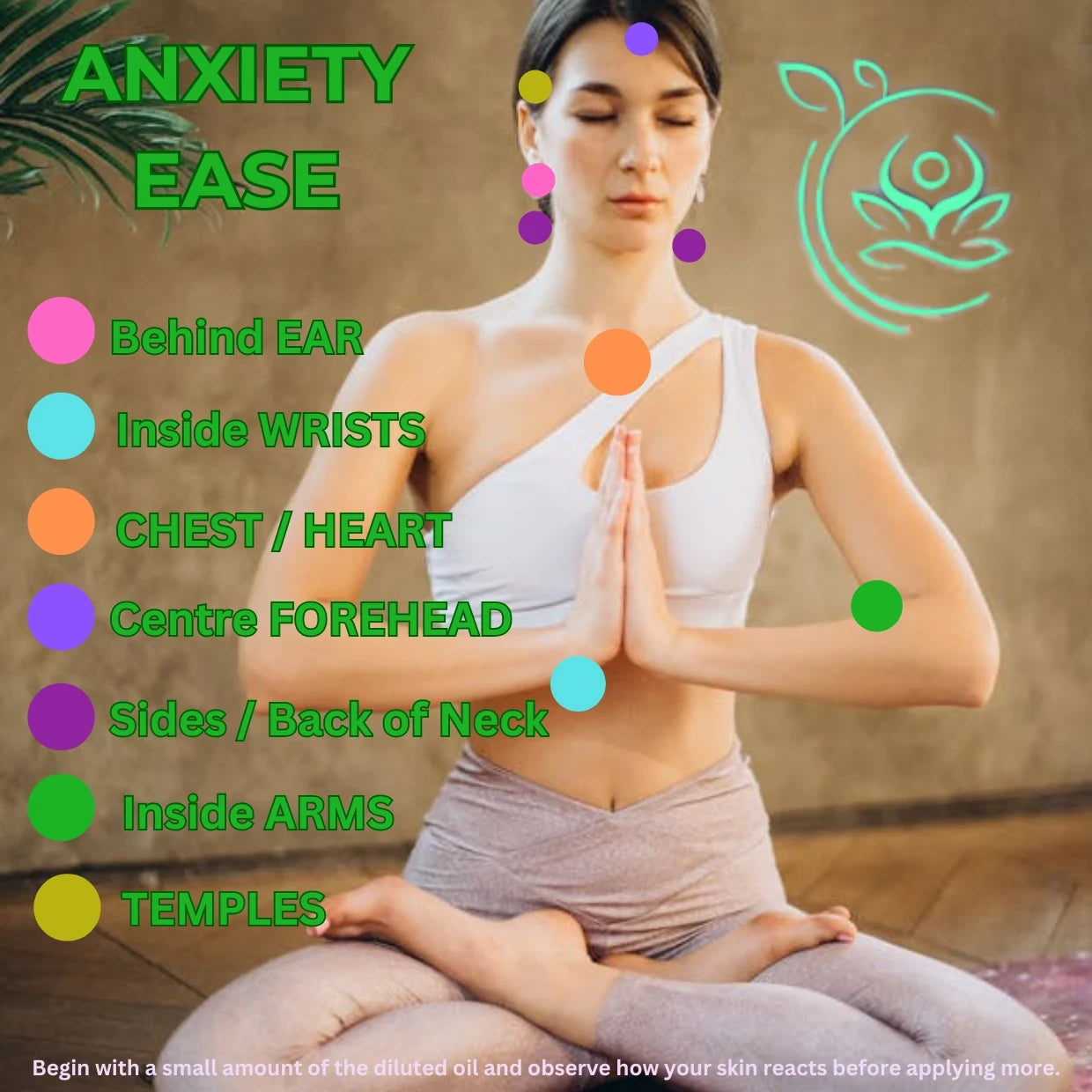 Woman in a yoga pose with points for applying oil to ease anxiety, against a natural background.