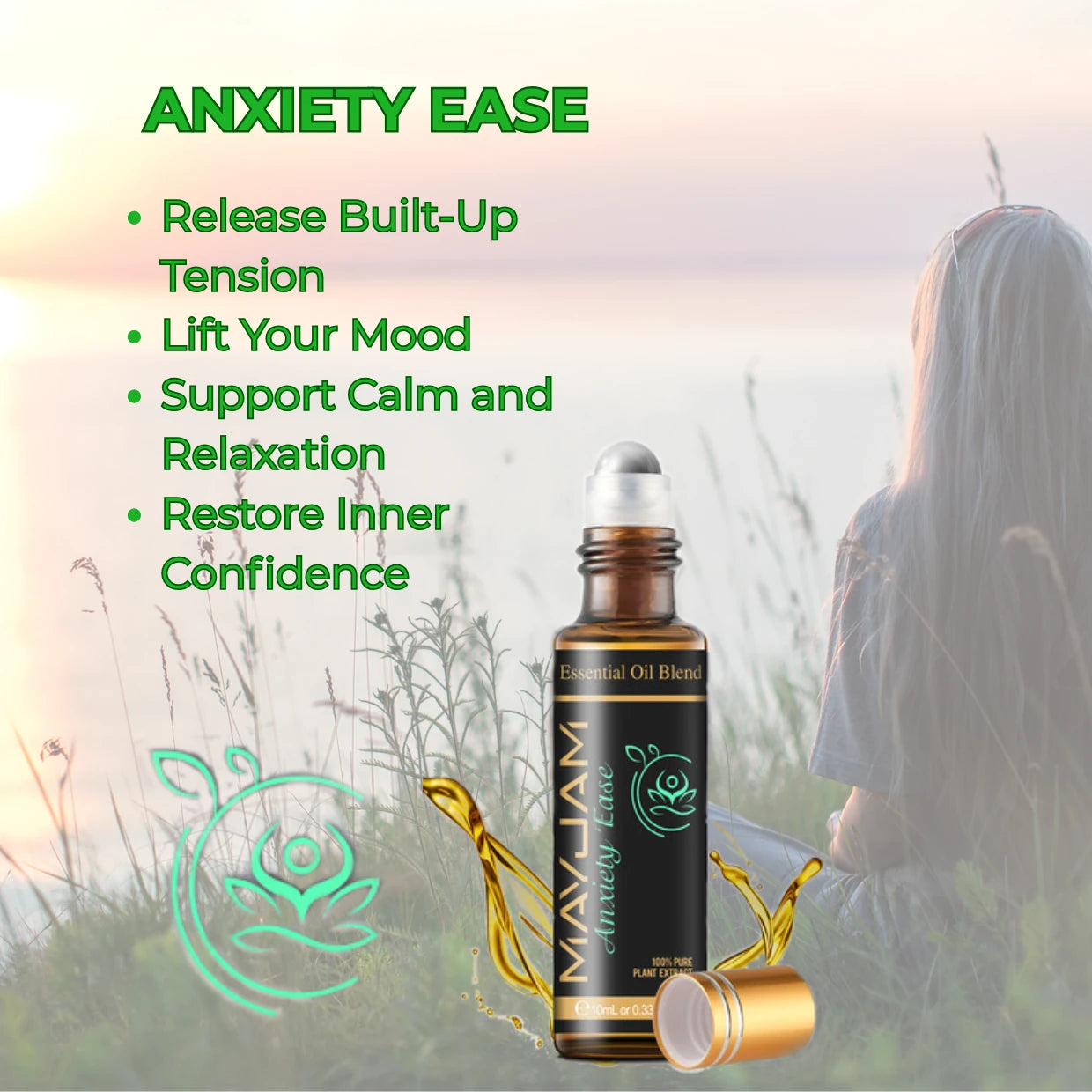 Essential oil bottle with benefits listed on a blurred nature background