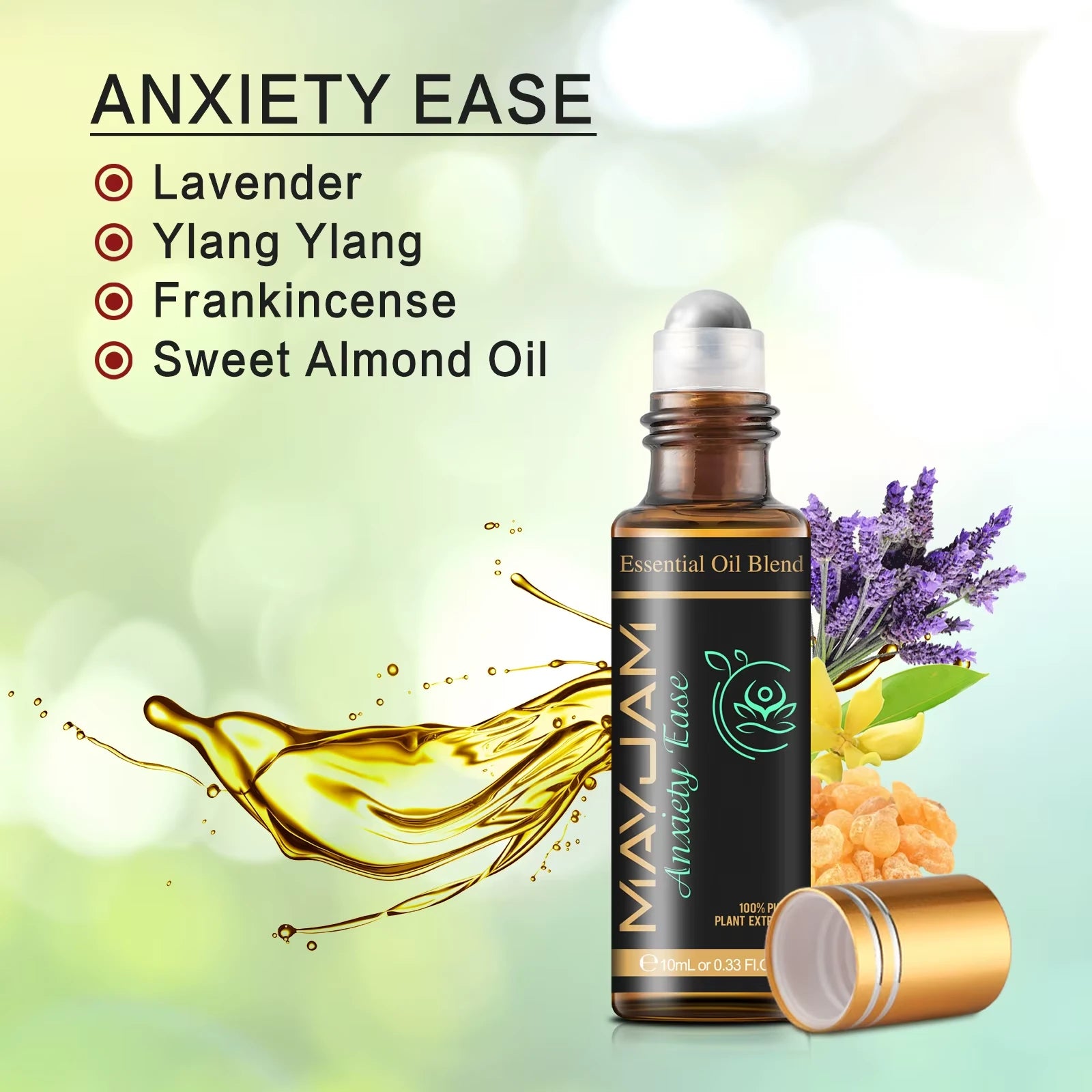 Essential oil blend roll-on bottle with oils mixture for "anxiety ease" shown in text