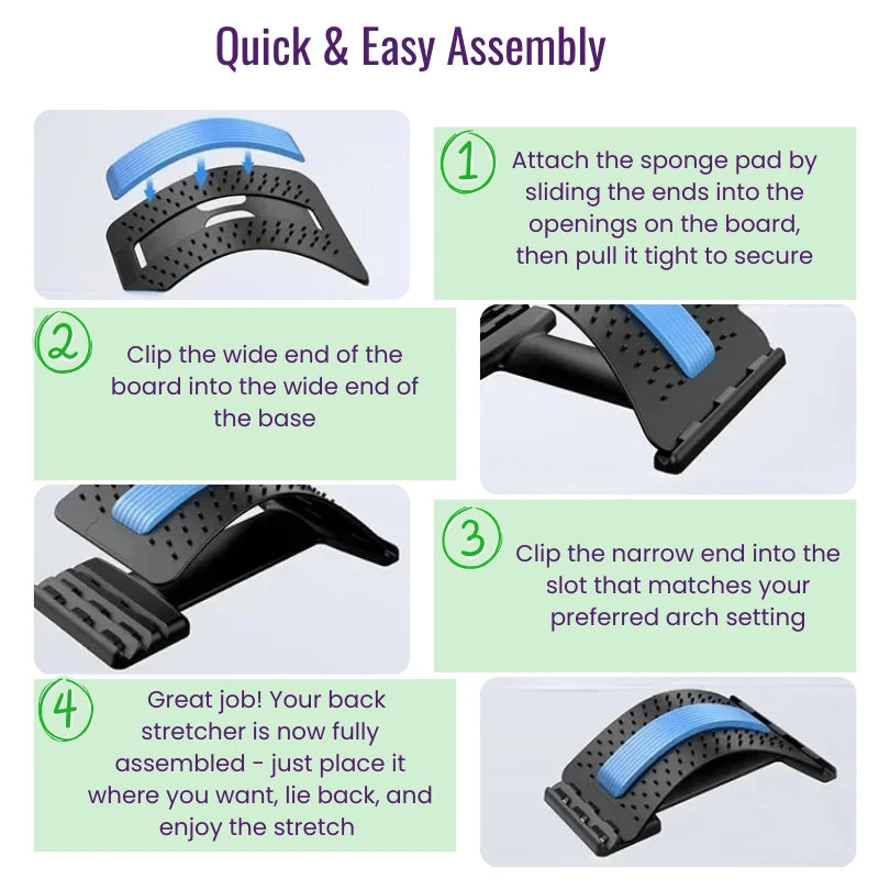 Instructions for assembling a back stretcher with text and images.