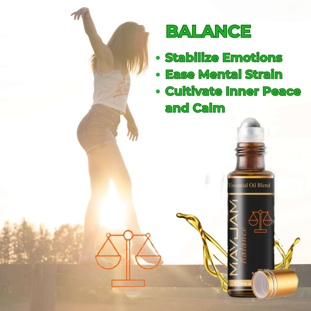 Bottle of essential oil blend with a woman dancing and balance theme elements.