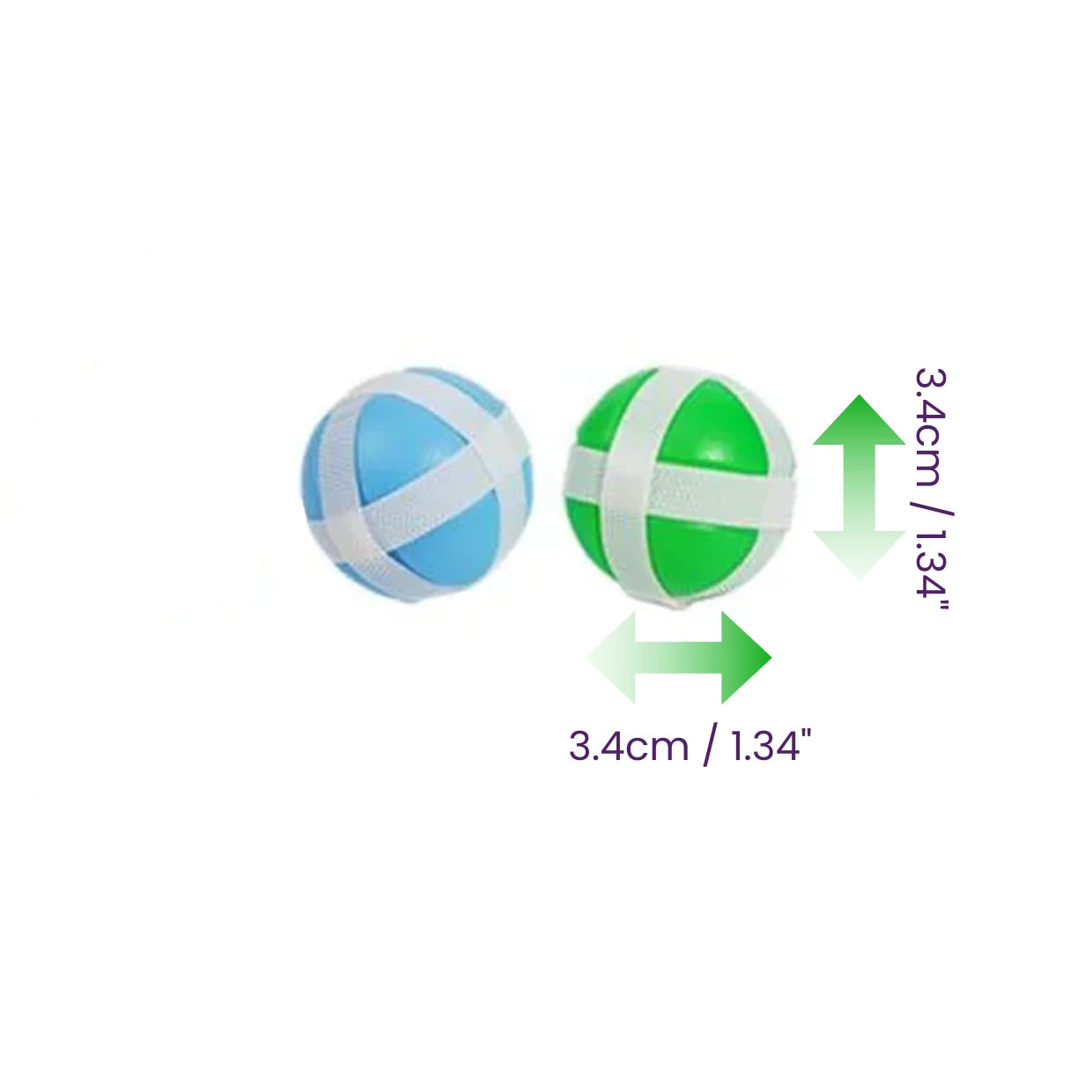Two balls, one blue and one green with white sticky tape, shown with measurements on a white background.