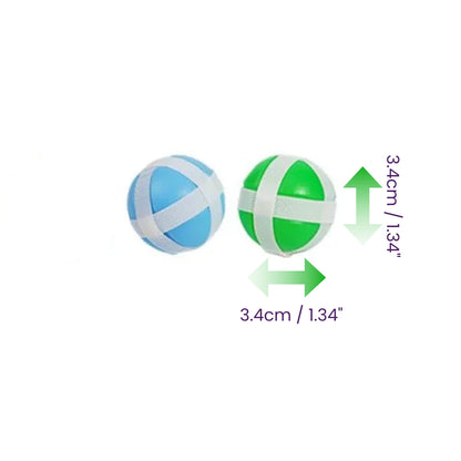 Two balls, one blue and one green with white sticky tape, shown with measurements on a white background.