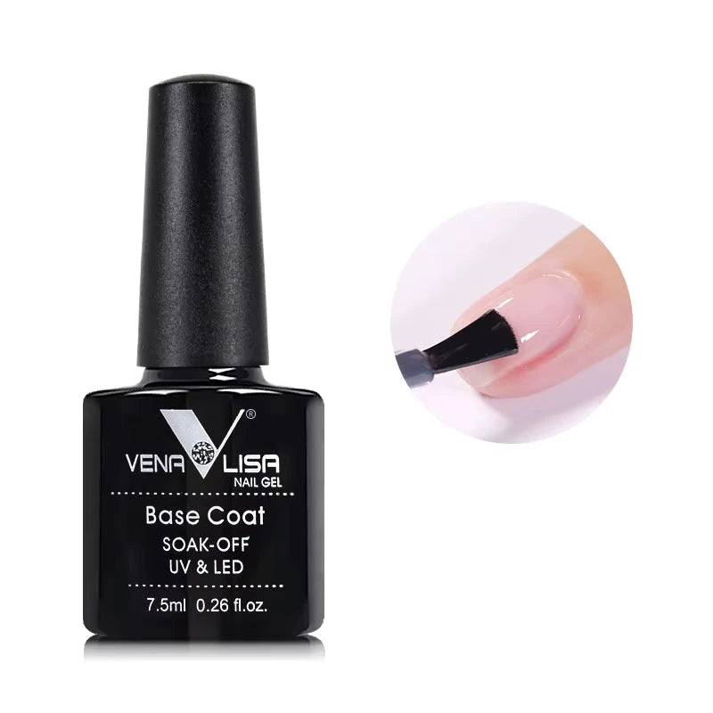 Nail gel base coat bottle with a close-up of a coated nail on a white background.