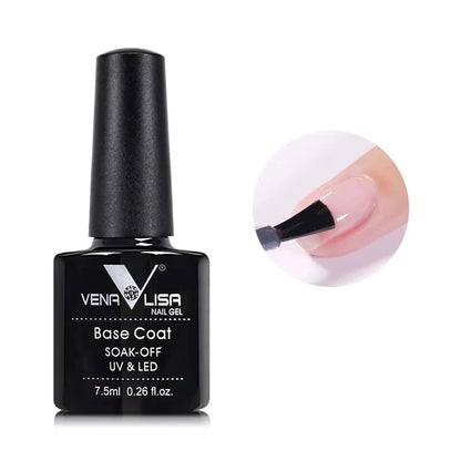 Nail gel base coat bottle with a close-up of a coated nail on a white background.