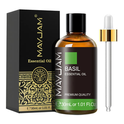 MayJam Basil essential oil bottle with dropper and packaging on a white background