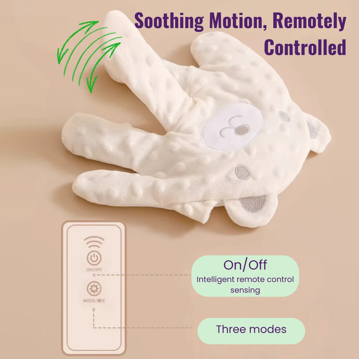 Beige bear HushHand with remote control buttons explained on a beige background