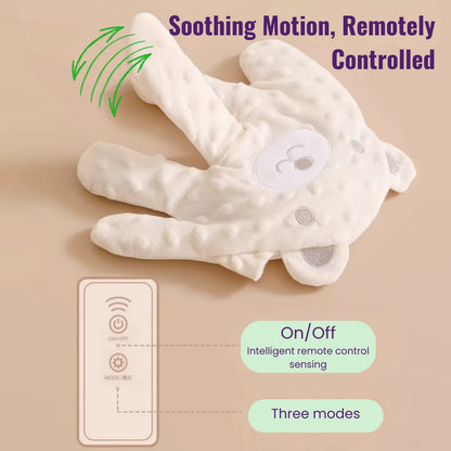 Beige bear HushHand with remote control buttons explained on a beige background