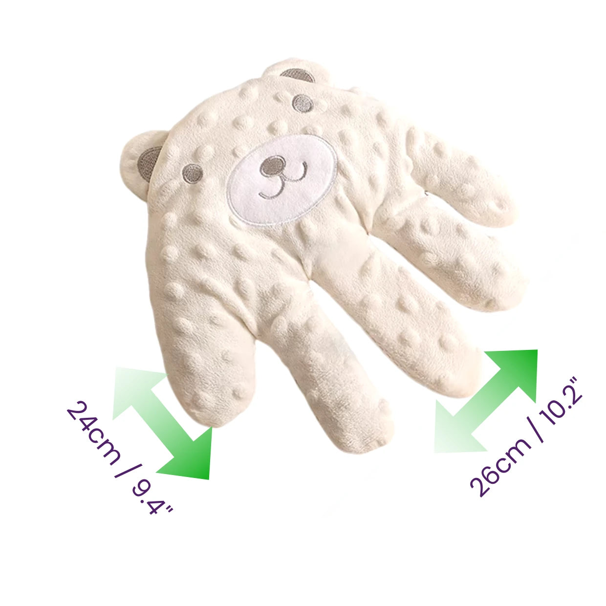Beige Bear HushHand with measurements indicated on a white background