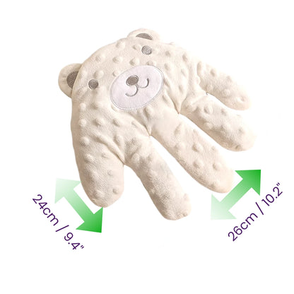Beige Bear HushHand with measurements indicated on a white background