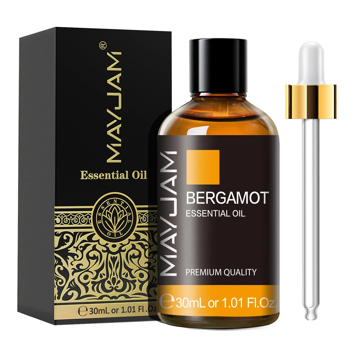 MayJam Bergamot essential oil bottle with dropper and packaging on a white background