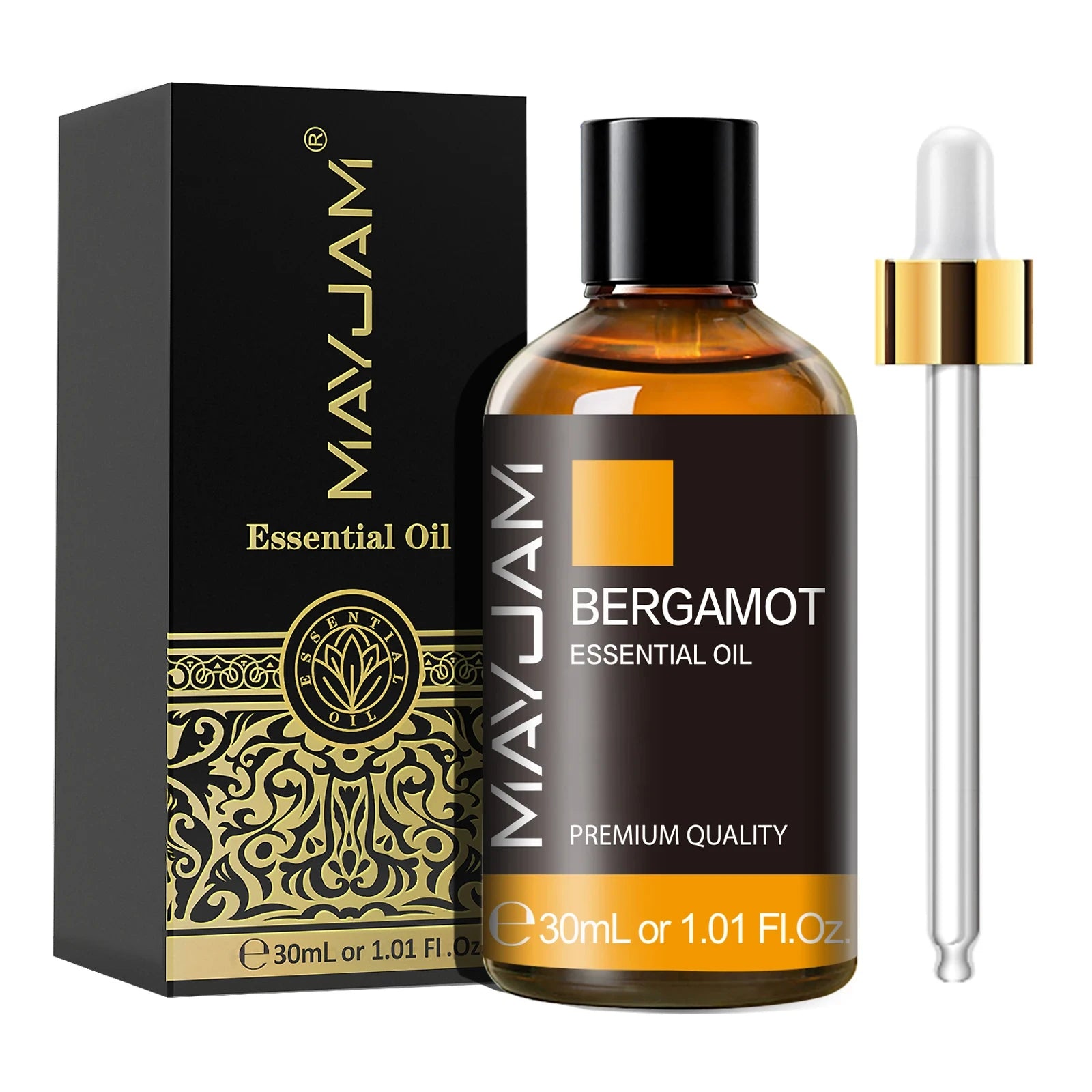 MayJam Bergamot essential oil bottle with dropper and packaging on a white background