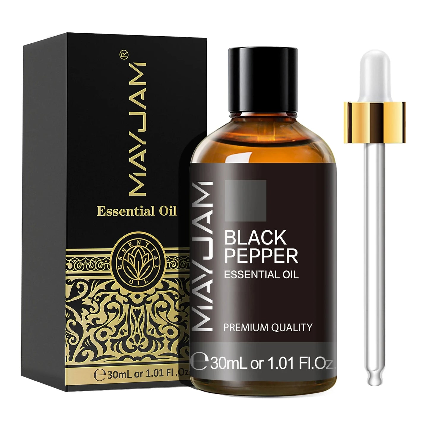 MayJam Black Pepper essential oil bottle with packaging and dropper on a white background