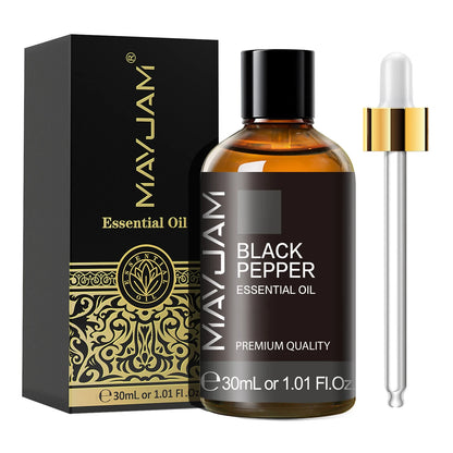 MayJam Black Pepper essential oil bottle with packaging and dropper on a white background