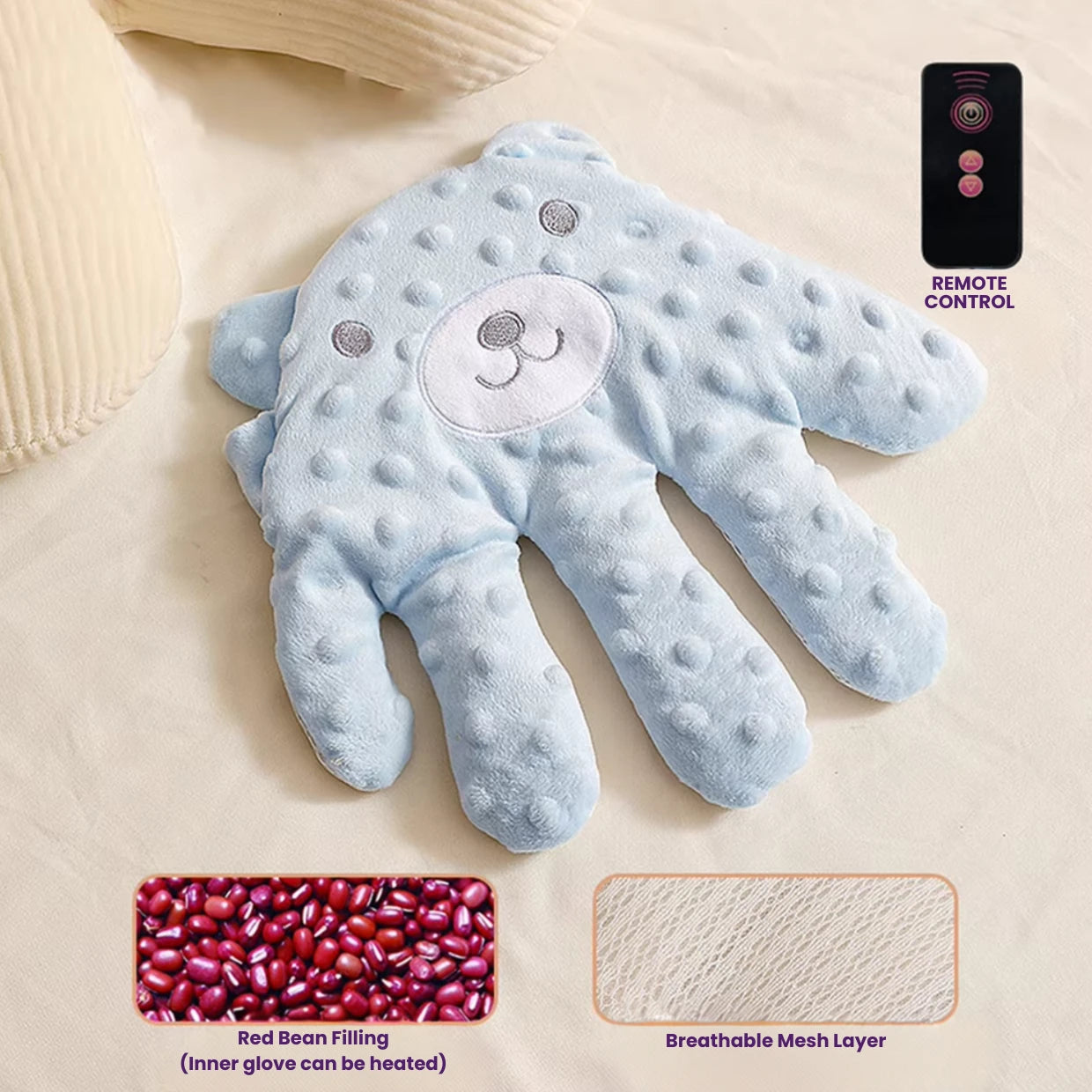 Blue bear HushHand with remote control on a beige background Showing close-up of filling and material