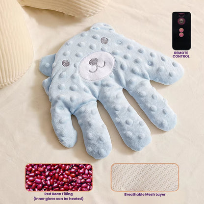 Blue bear HushHand with remote control on a beige background Showing close-up of filling and material