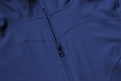 Close-up of a blue jacket with a zipper