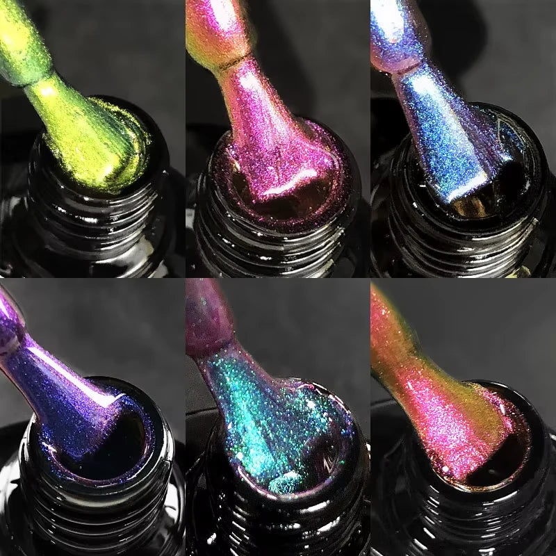 Collage of six bottles of nail polish with multicolored, glittery tips.