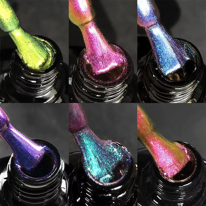 Collage of six bottles of nail polish with multicolored, glittery tips.