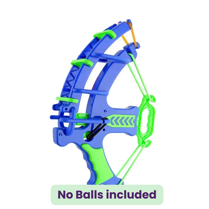 Blue and green toy bow labeled no balls included on a white background
