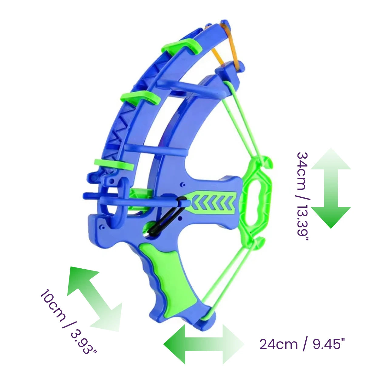 Blue and green toy bow with measurements on a white background
